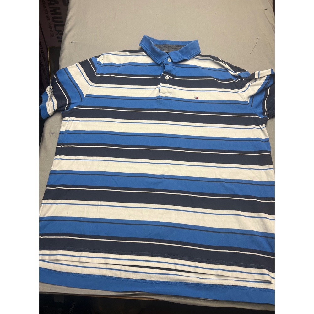 Tommy Hilfiger Mens XL Blue White Navy Striped Short Sleeve Cotton Polo Shirt